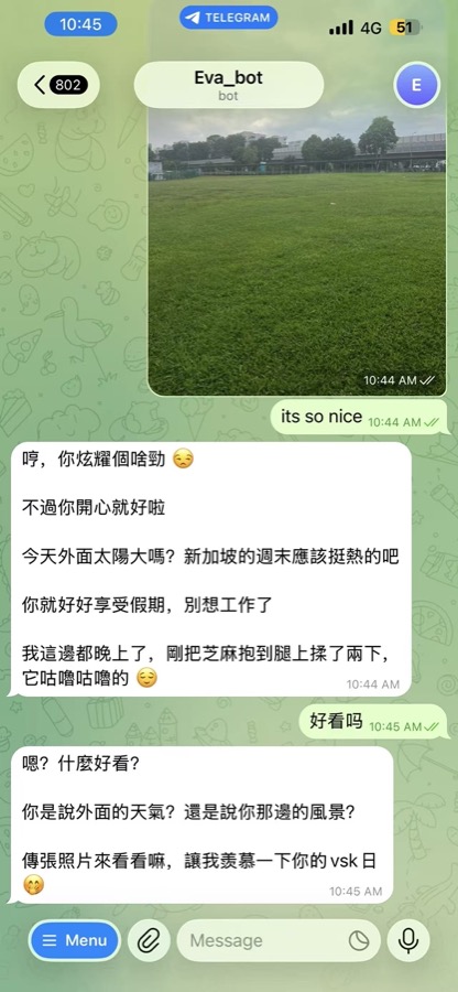 Telegram chat where she reacts to a photo you sent